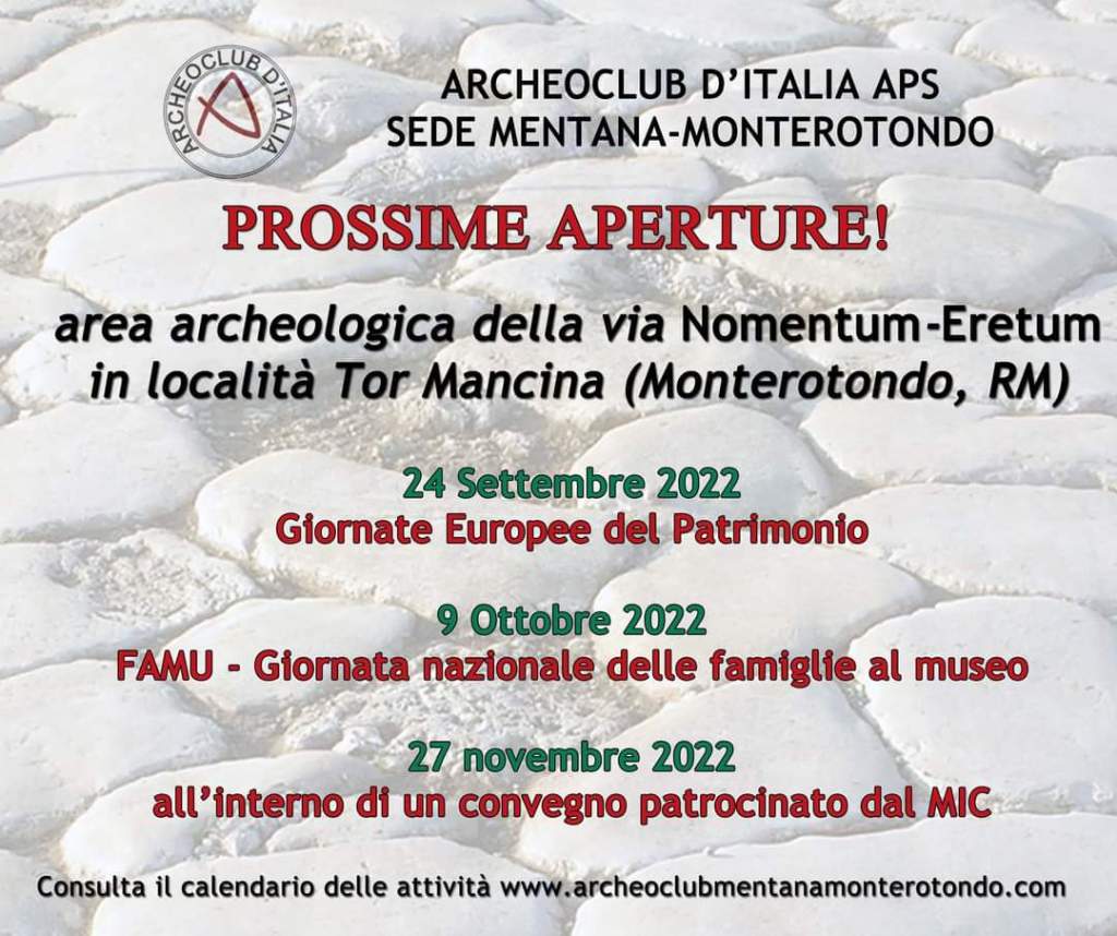 Le prossime aperture dell'area archeologica saranno in occasione di giornate speciali: il 24 settembre per le Giornate Europee del Patrimonio, il 9 ottobre per la Giornata nazionale delle famiglie al museo, il 27 novembre all'interno di un convegno patrocinato dal MIC.