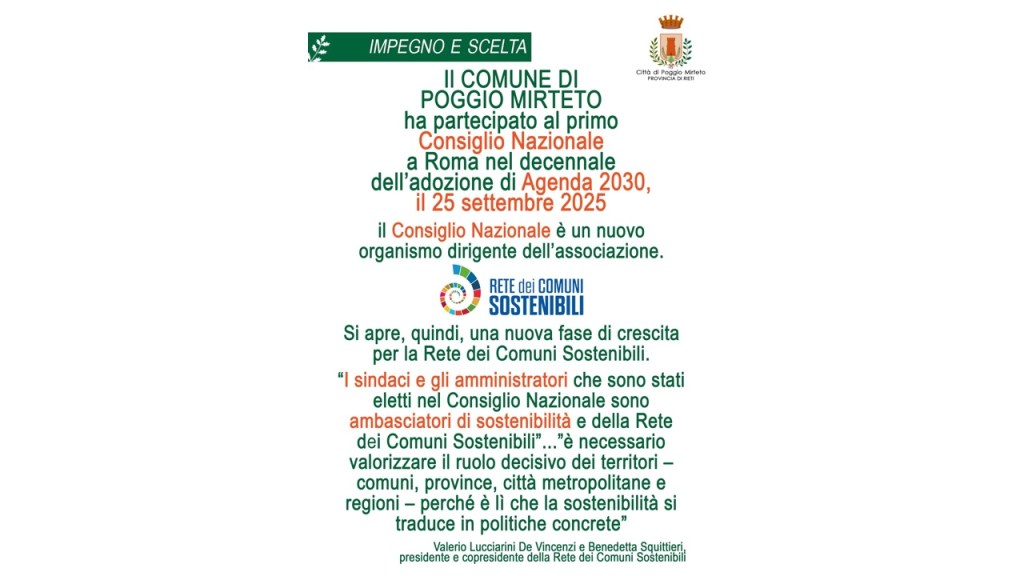 Poggio Mirteto nel Consiglio Nazionale Comuni Sostenibili