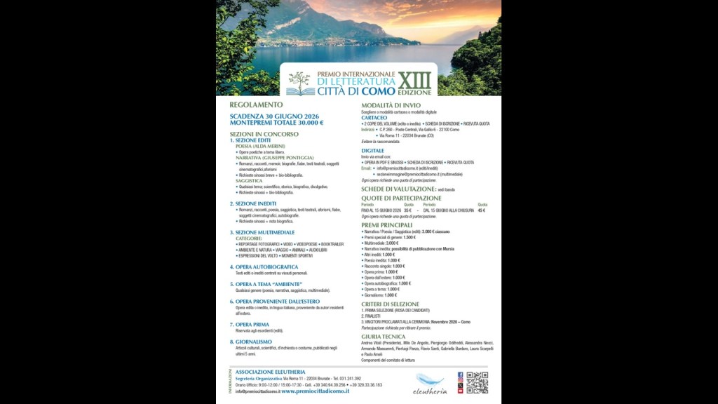 Premio Città di Como 2026: aperte le iscrizioni alla XIII edizione
