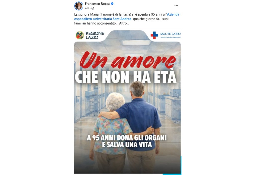 Roma, donna di 95 anni dona gli organi: fegato trapiantato