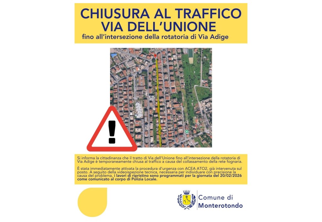 Monterotondo, chiusa Via dell’Unione per fognatura