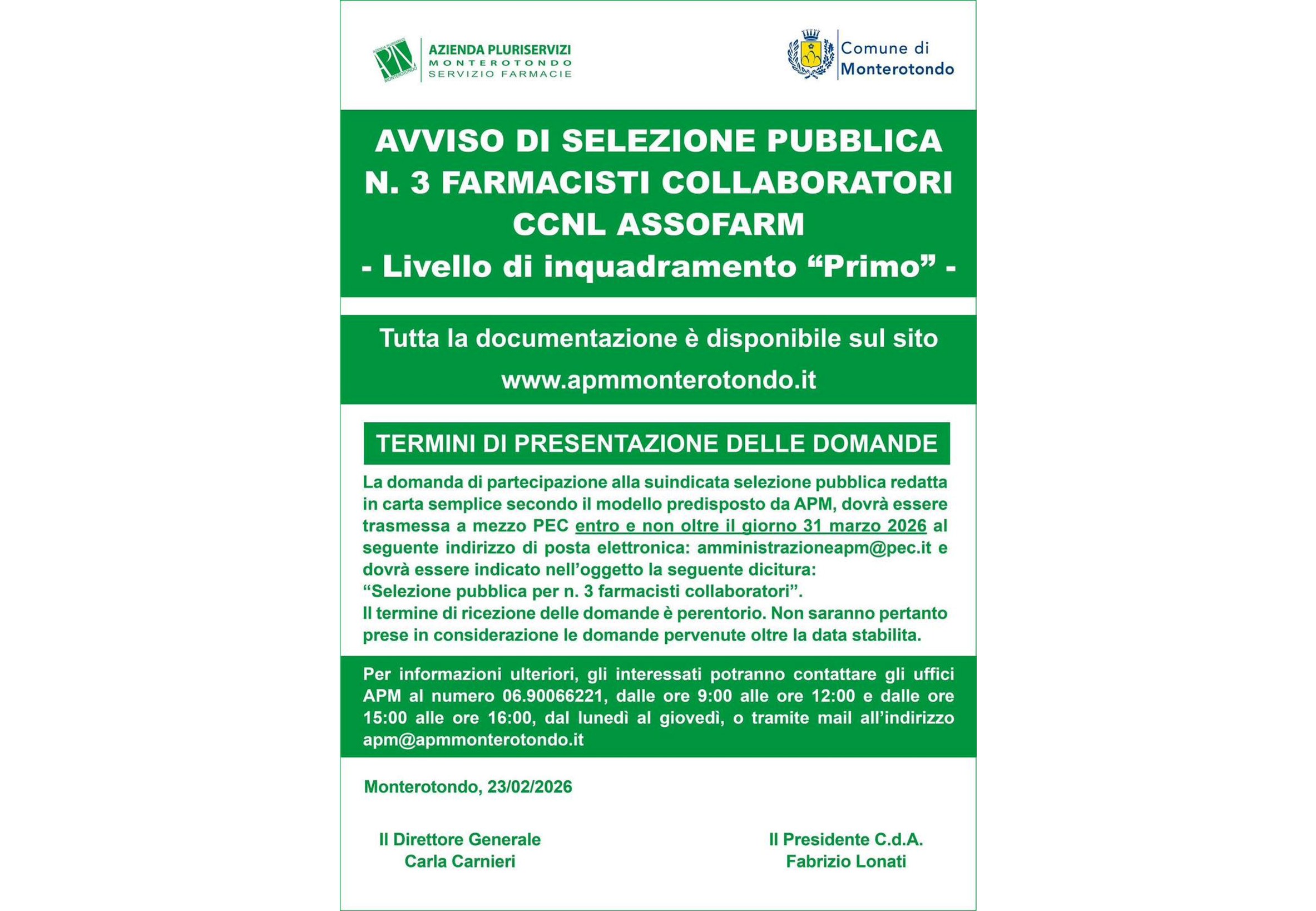 Monterotondo, selezione per 3 farmacisti APM