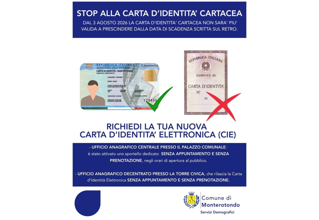 Monterotondo, stop carta d’identità cartacea dal 3 agosto 2026