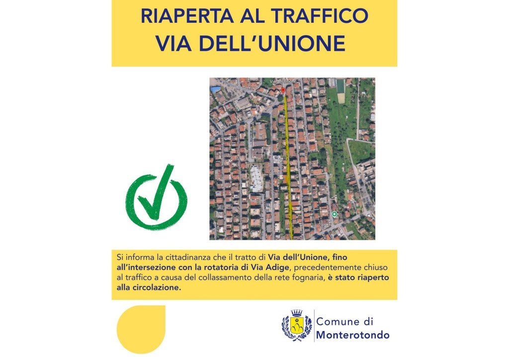 Via dell’Unione riaperta al traffico a Monterotondo