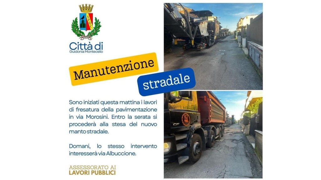 Guidonia – Al via i lavori di manutenzione stradale: interventi in via Morosini e via Albuccione