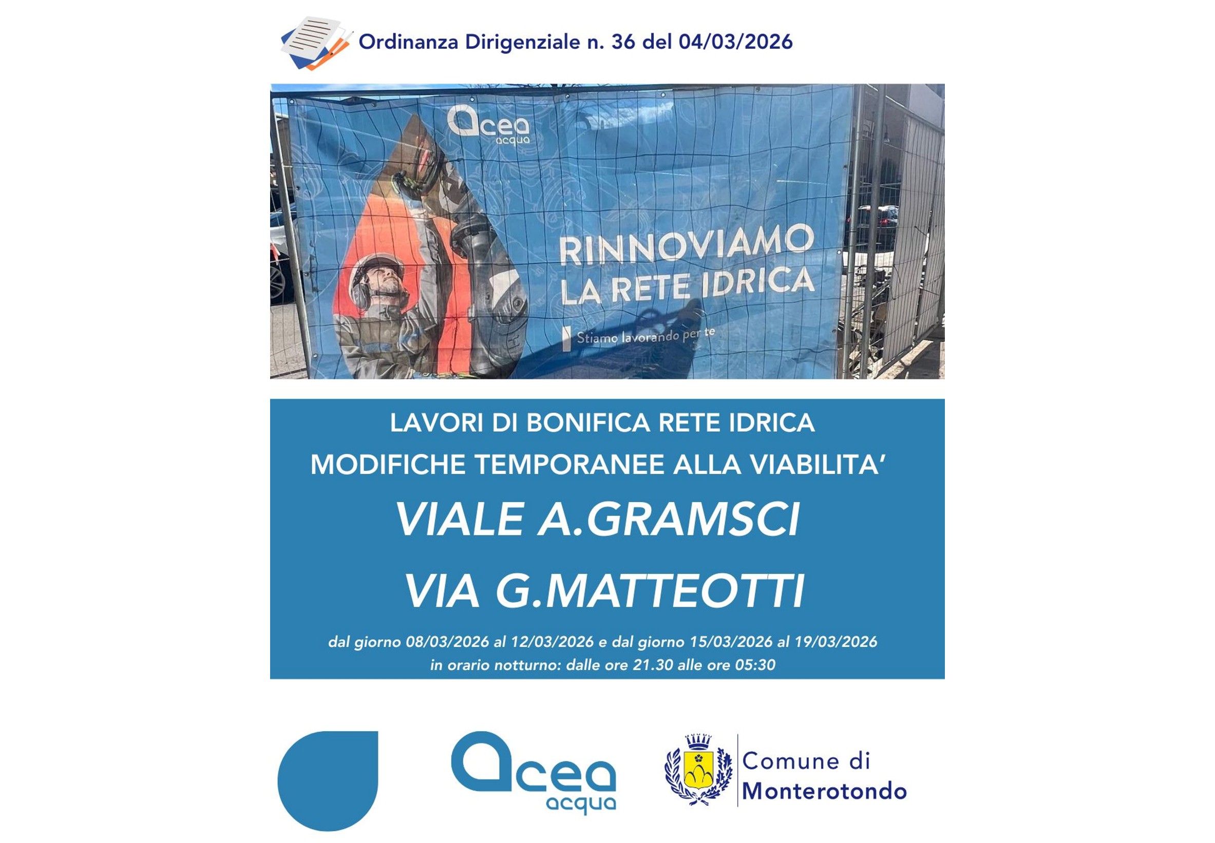Monterotondo, lavori Acea: modifiche traffico su viale Gramsci. Tutte le info