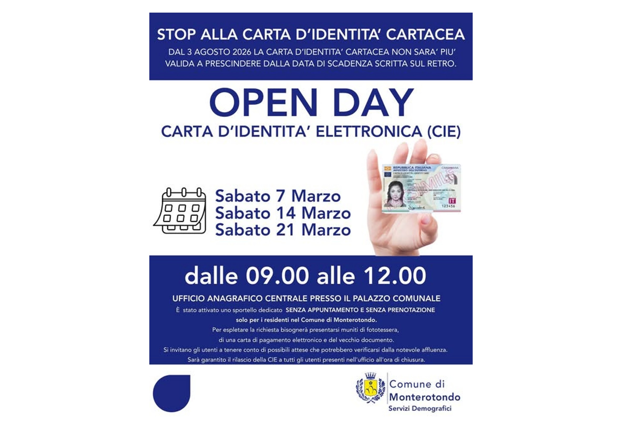 Monterotondo, il 7 marzo Open Day Carta d’Identità CIE