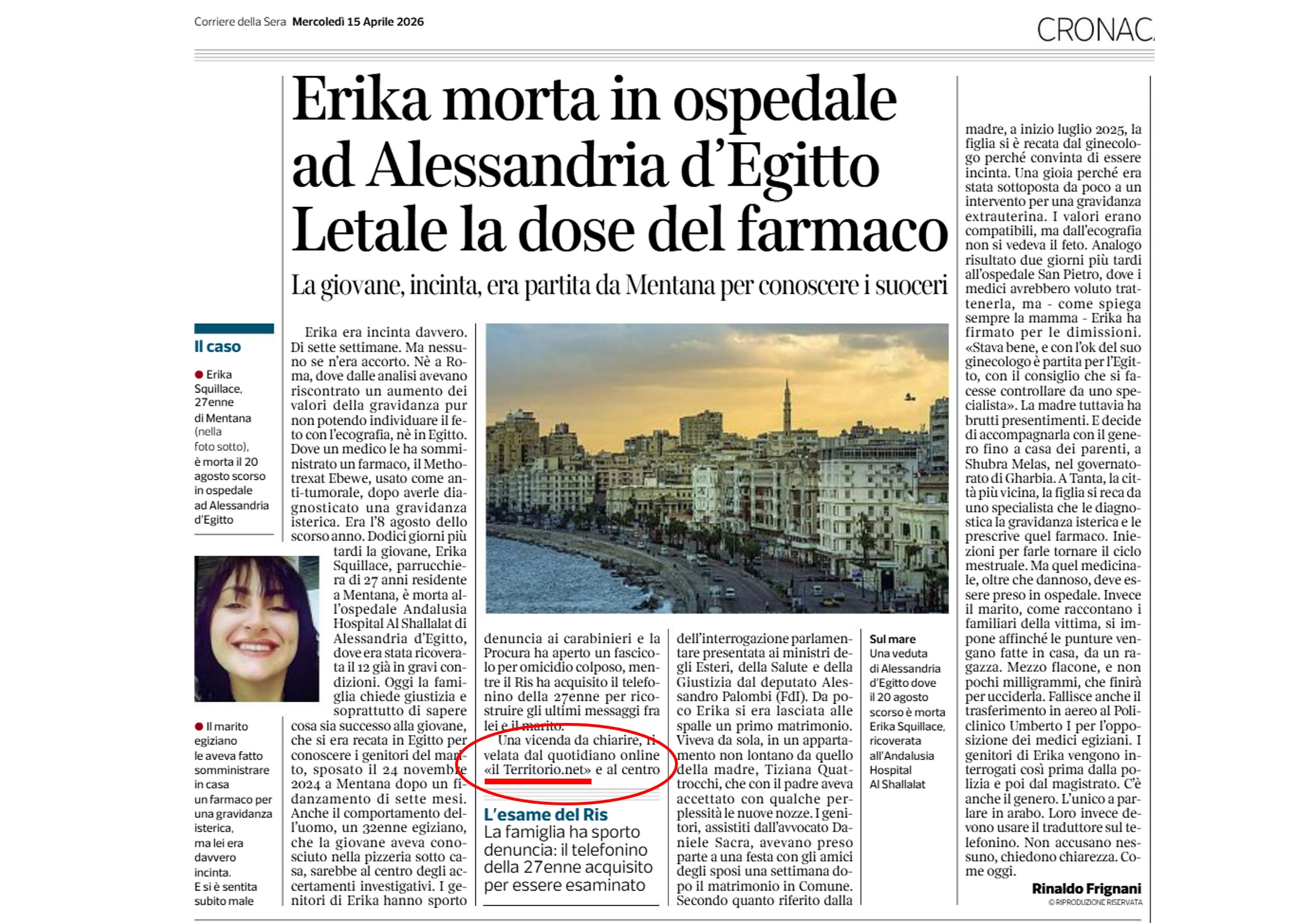 Erika Squillace, la storia raccontata da IlTerritorio ripresa dal Corriere della Sera
