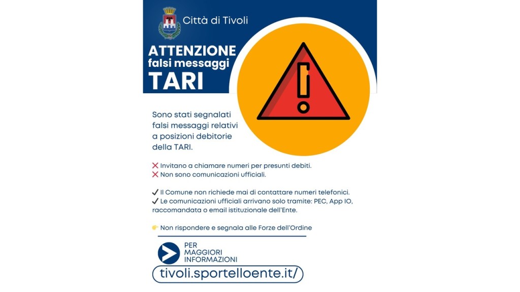 Tivoli – Allerta del Comune: “Falsi messaggi sulla TARI, attenzione alle truffe”