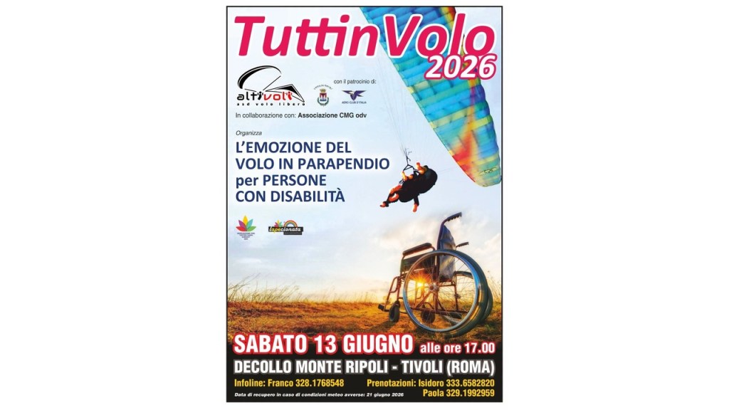Tivoli – A Monte Ripoli torna “TuttinVolo”: il parapendio diventa un’esperienza accessibile a tutti