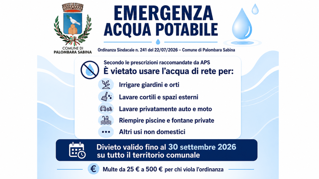 Palombara Sabina – Scatta l’emergenza acqua potabile: tutte le info