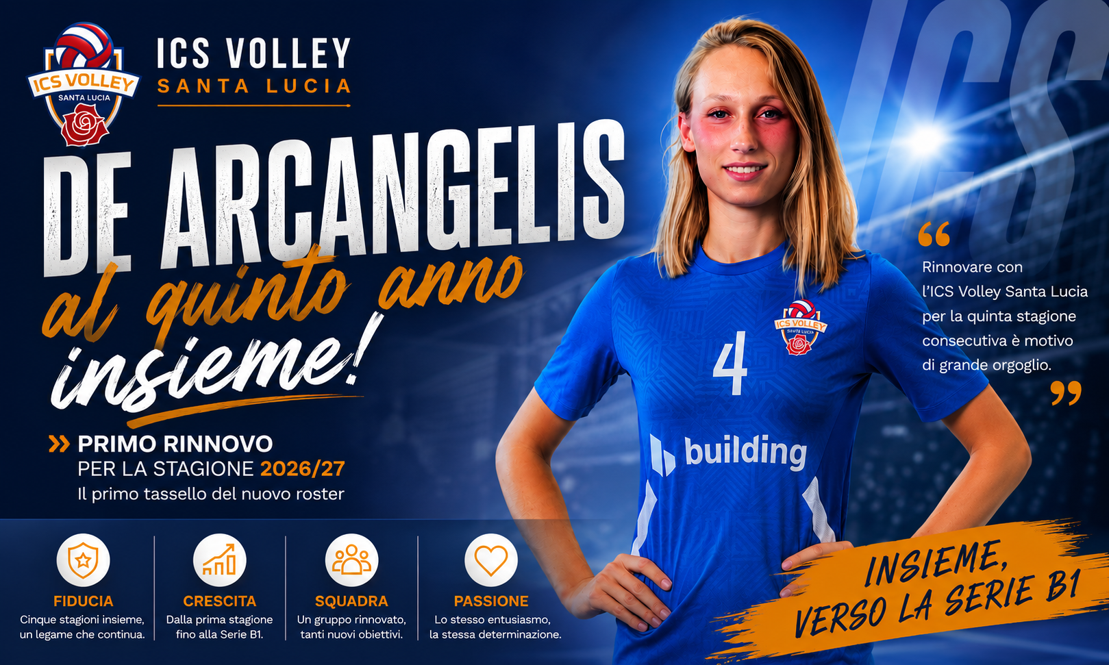 Lola De Arcangelis rinnova con l'ICS Volley Santa Lucia e guiderà la squadra anche nel campionato di Serie B1 2026/27.