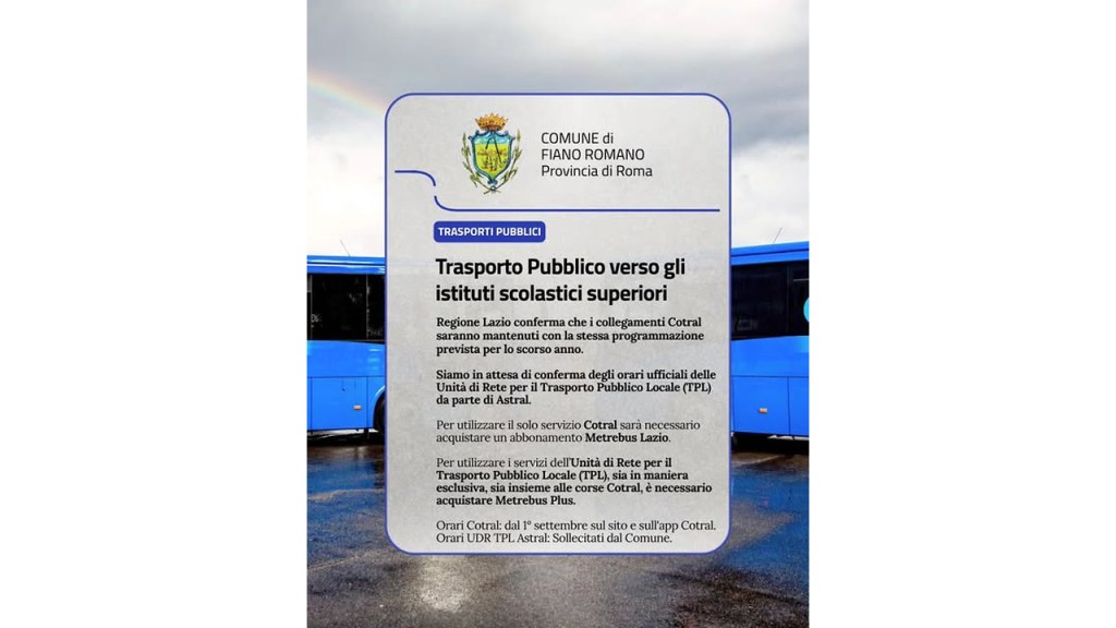 Fiano Romano, trasporto scolastico verso le superiori: confermate le corse Cotral