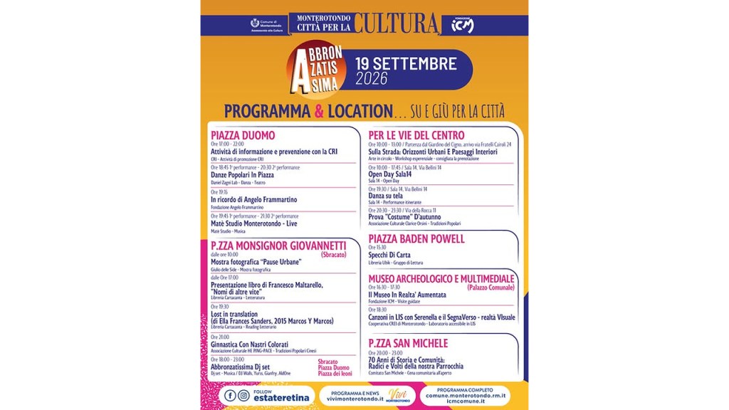 Abbronzatissima 2026 a Monterotondo: musica, cinema, arte e spettacoli gratuiti in tutta la città