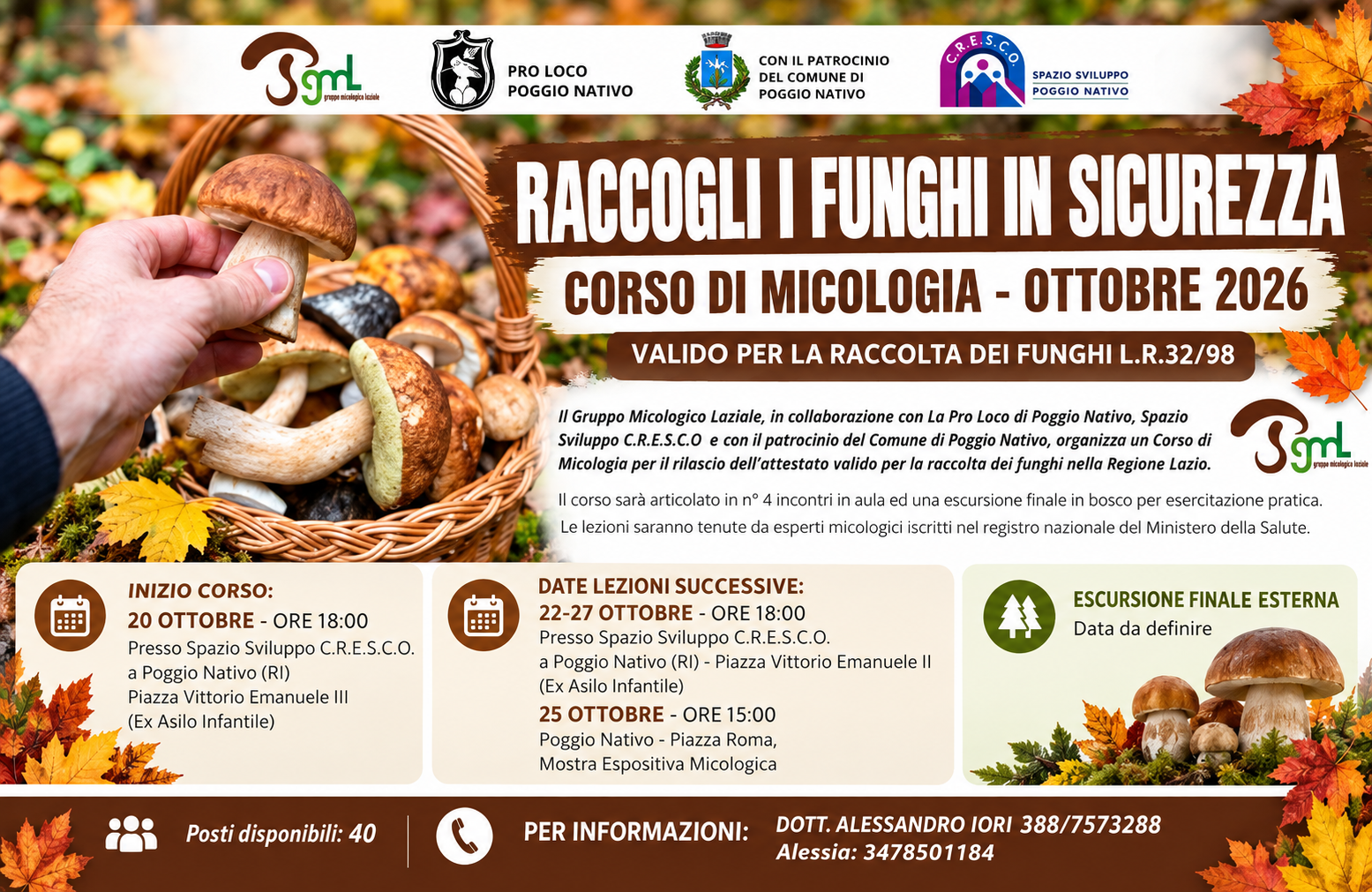 Poggio Nativo, corso di micologia per raccogliere funghi in sicurezza